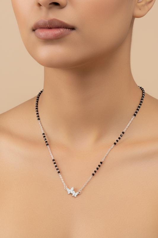 92.5 Silver Minimal Butterfly Black Bead Chain for Women 18.5 Inches | Stylish Nature-Inspired Design | Elegant Jewellery