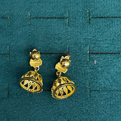 92.5 Sterling Silver Gold Plated Lakshmi Devi Ruby & White CZ Jhumka Earrings for Women