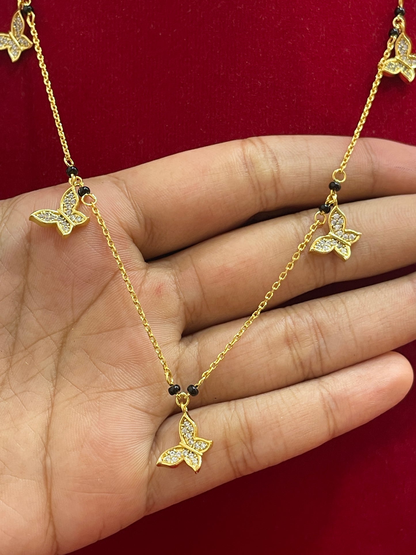 92.5 Silver Gold Plated Butterfly Charm Black Bead Chain for Women 19.5 Inches | Stylish Elegant Design | Traditional Jewellery