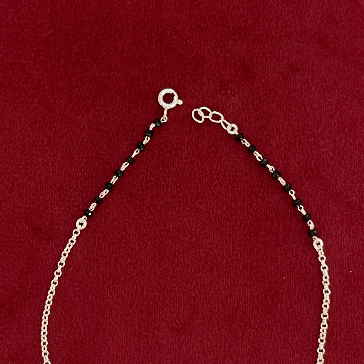 92.5 Silver Black Bead Leaf Charm Anklet - Single Pc