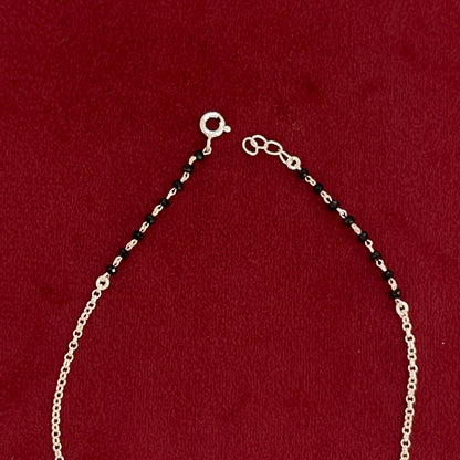 92.5 Silver Black Bead Leaf Charm Anklet - Single Pc