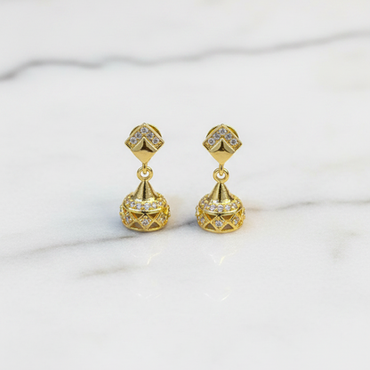 92.5 Silver Gold Plated White Stone Minimal Jhumkas for Women | Elegant Ethnic Design | Stylish Jewellery pair