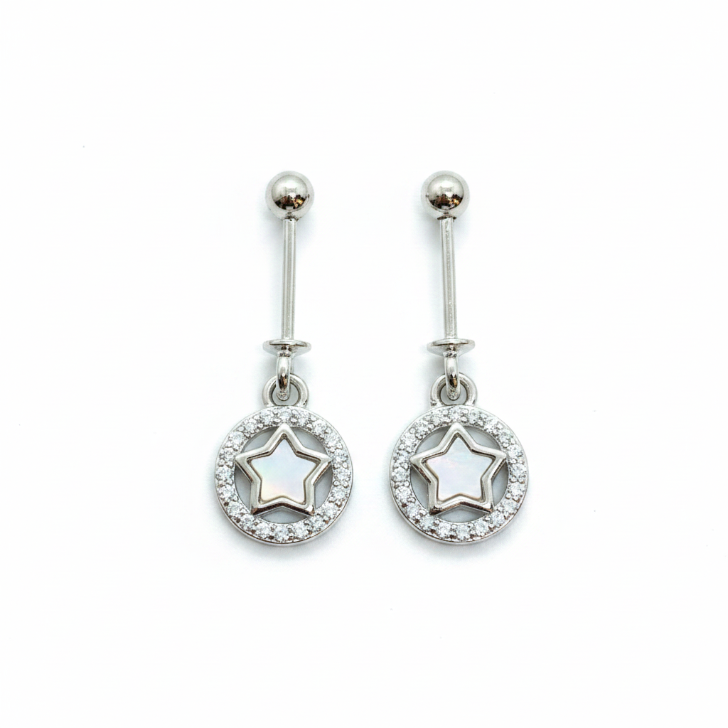 92.5 Sterling Silver Star in CZ Halo Circle Bugadi for Women | Mother-of-Pearl Star with Pavé CZ Frame | Helix Earring pair