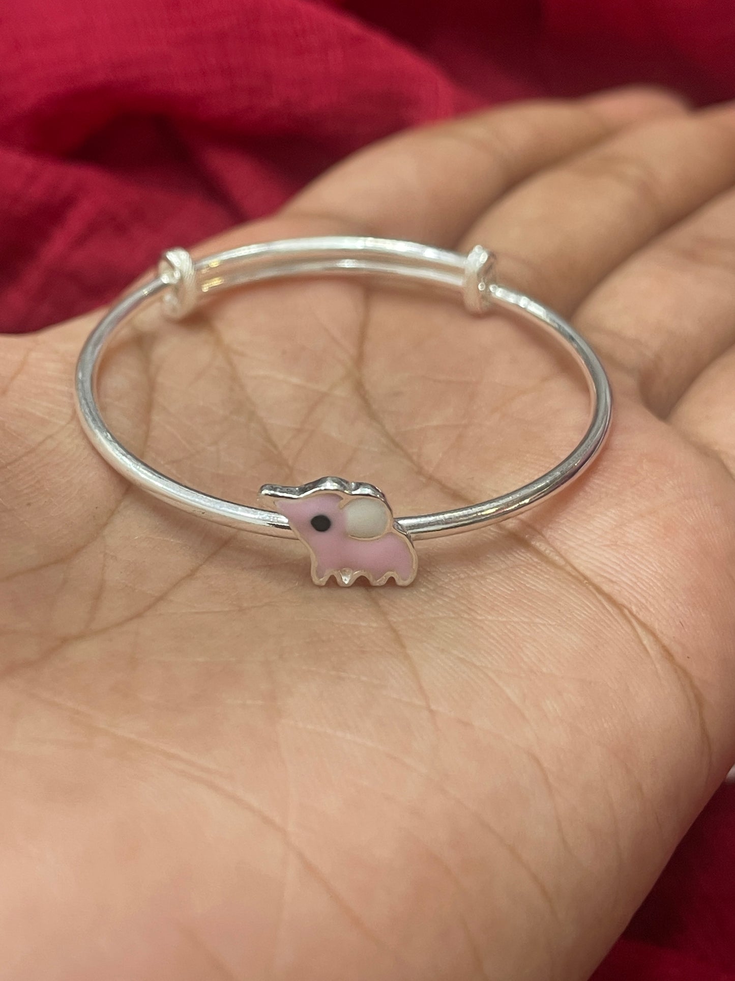 92.5 Silver Pink Elephant Kada for Kids | Cute Adjustable Baby Bracelet | Daily Wear Jewellery
