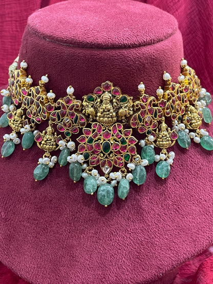 92.5 Silver Gold Plated Lakshmi Devi Design Necklace for Women – Traditional Temple Style