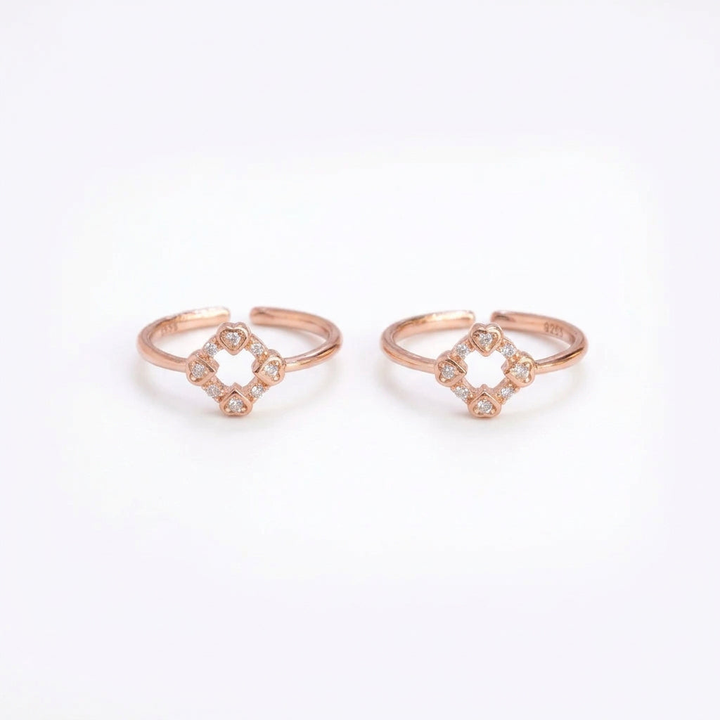 92.5 Silver Rose Gold Plated White CZ Heart Frame Toe Rings