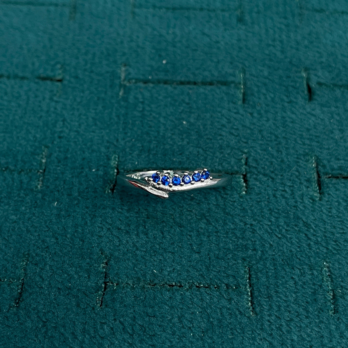 92.5 Silver Blue Stone Wave Ring for Women- Size 12