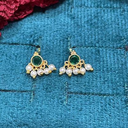 Gold Plated 92.5 Sterling Silver Emerald Green CZ & Pearl Cluster Stud Earrings for Women | Temple-Inspired Emerald Pearl Fan Drop Studs pair