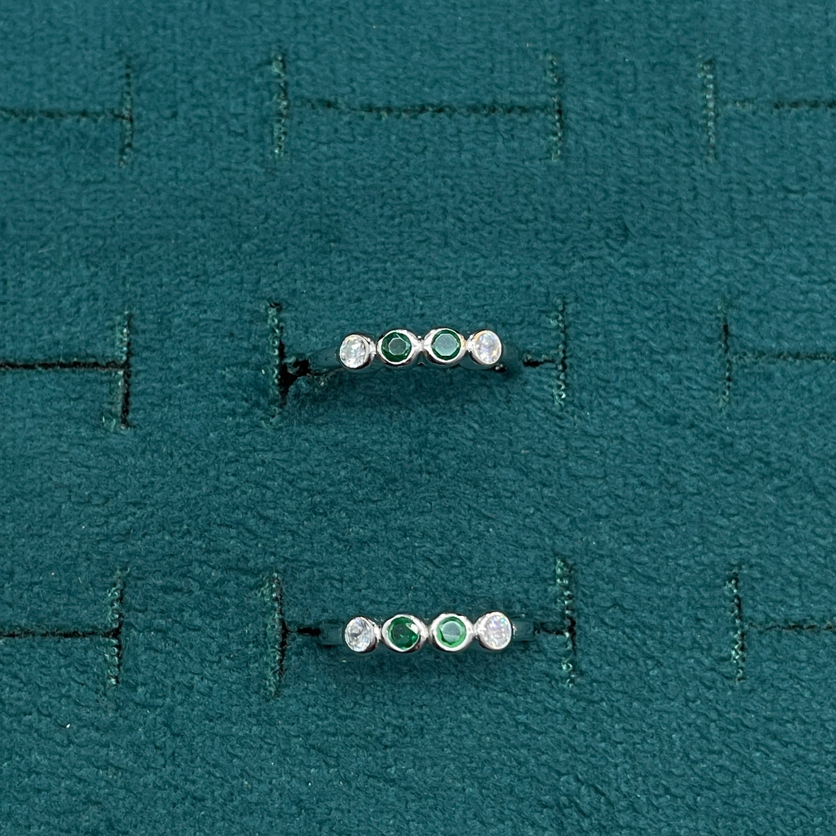 92.5 Sterling Silver Emerald Green & White CZ Four Stone Bezel Open Toe Rings for Women — Pair