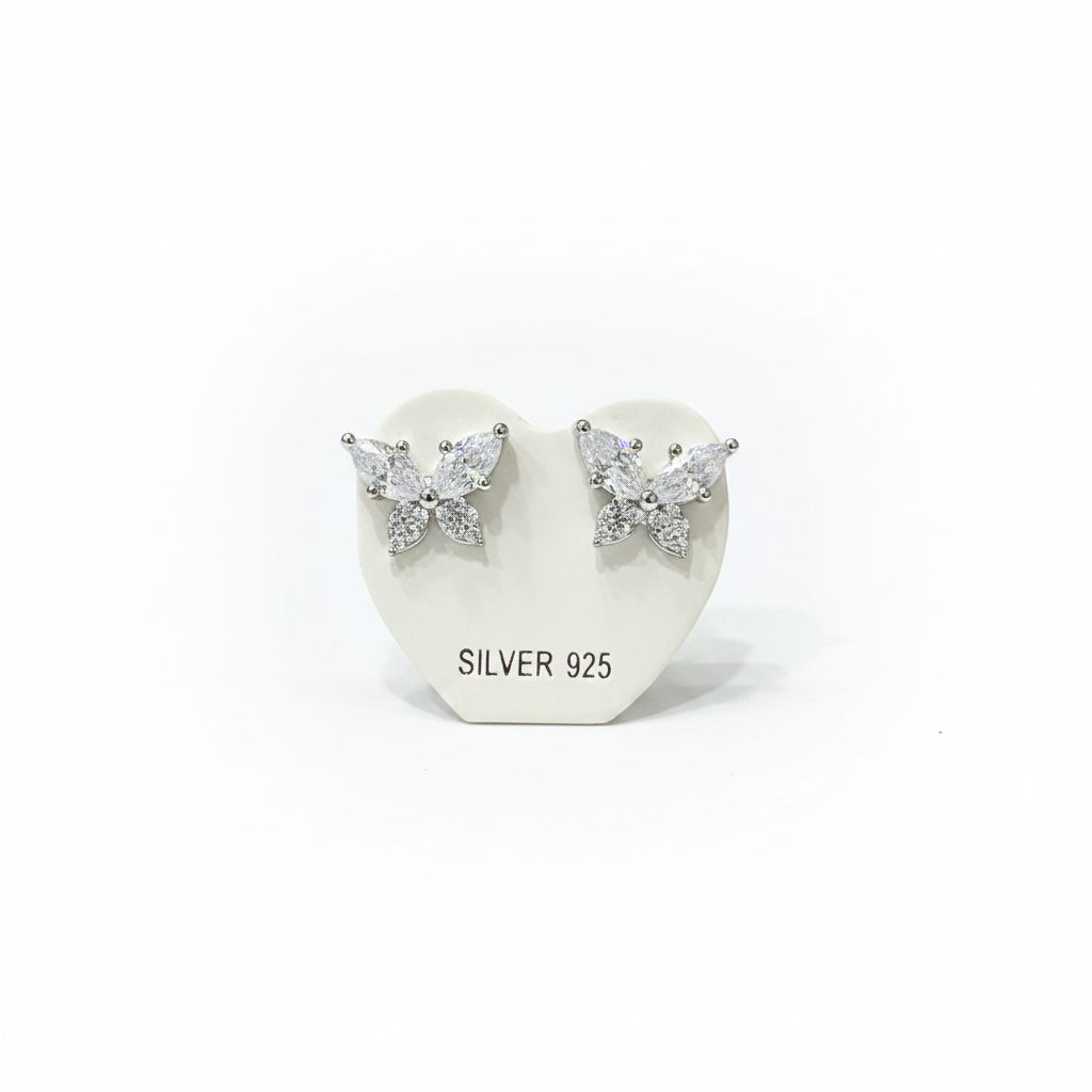 92.5 Silver White Stone Butterfly Studs | Elegant Floral Design | Jewellery