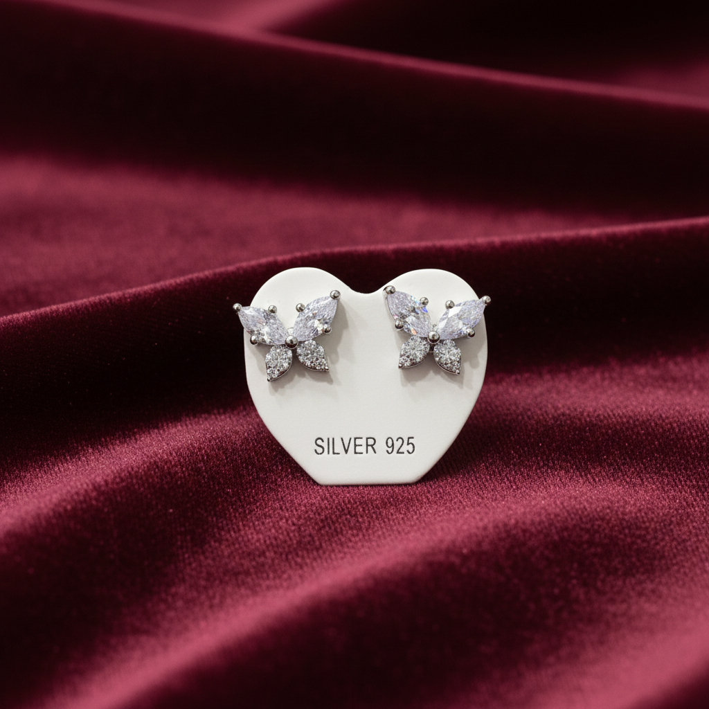 92.5 Silver White Stone Butterfly Studs | Elegant Floral Design | Jewellery
