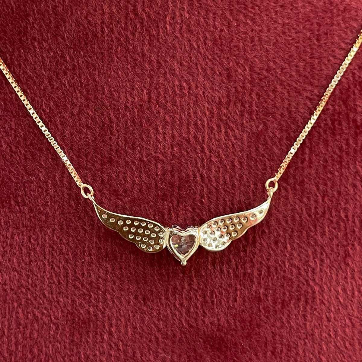 92.5 Silver Rose Gold Plated Pave CZ Angel Wings & Heart Pendant Necklace for Women