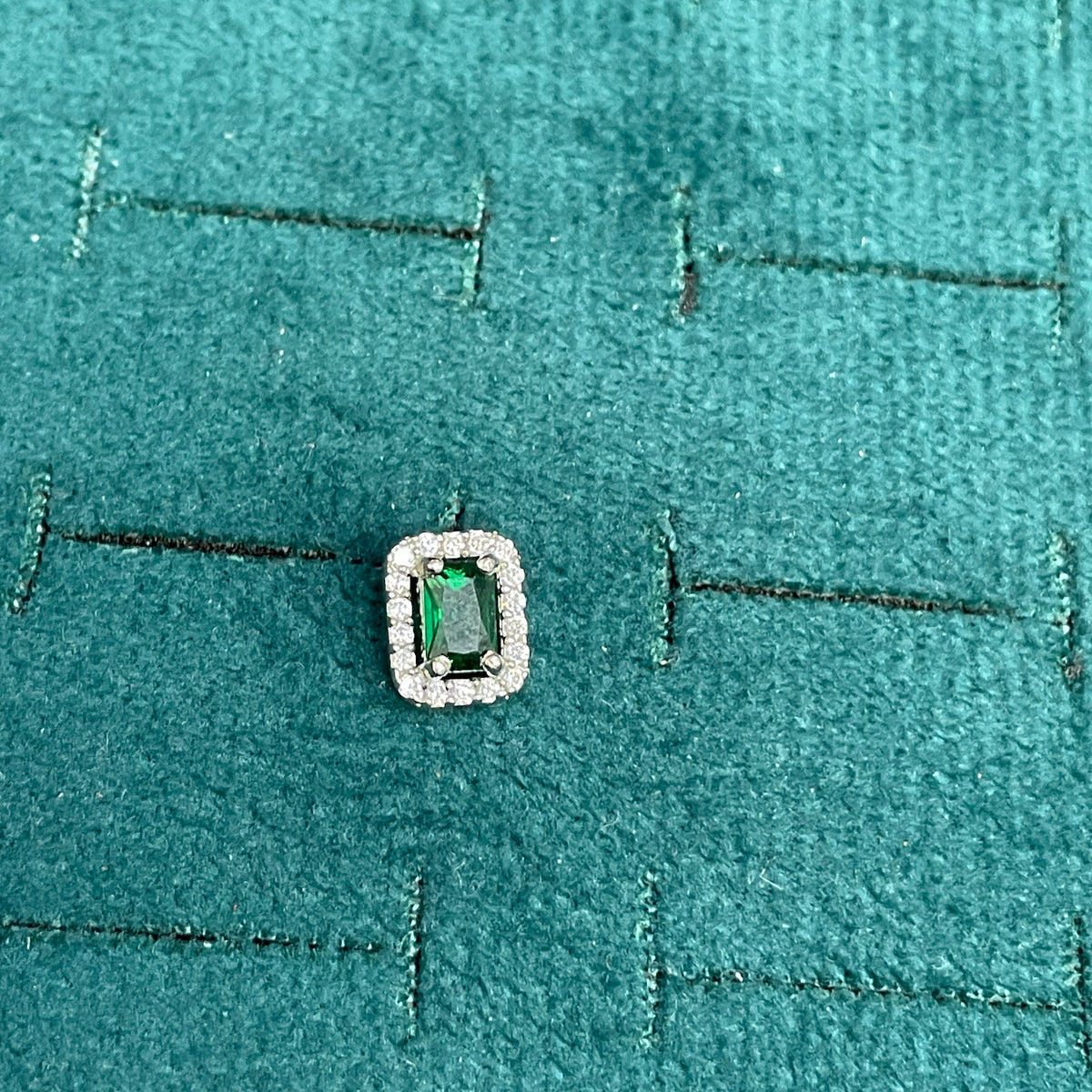 92.5 Sterling Silver Earrings for Women | Rectangular Green Stone with White Stone Halo pair