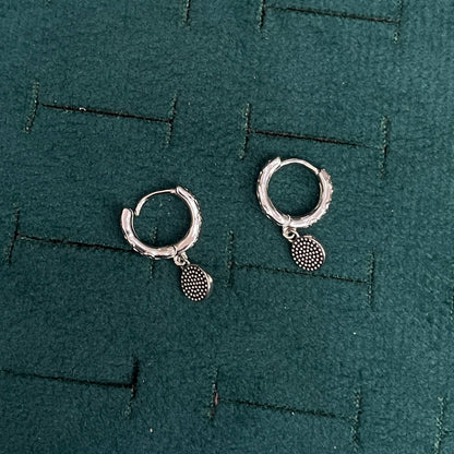 92.5 Sterling Silver Bali Earrings for Women | Diamond Engraved Hoop with Evil Eye Charm Drop pair