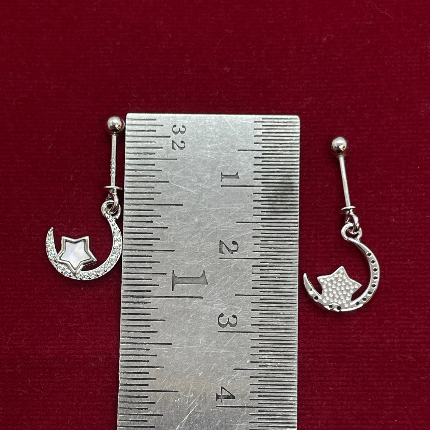 92.5 Sterling Silver Crescent Moon & Star Bugadi for Women | CZ Crescent with MOP Star | Helix Earring pair