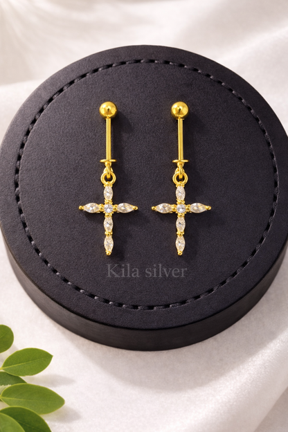 92.5 Silver Gold Plated Cross Bugadi Pair | Premium Extended Design | Jewellery
