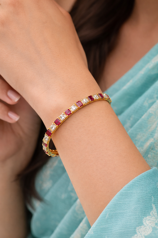 Ruby & White Stone Gold Plated Silver Bangle - Pair