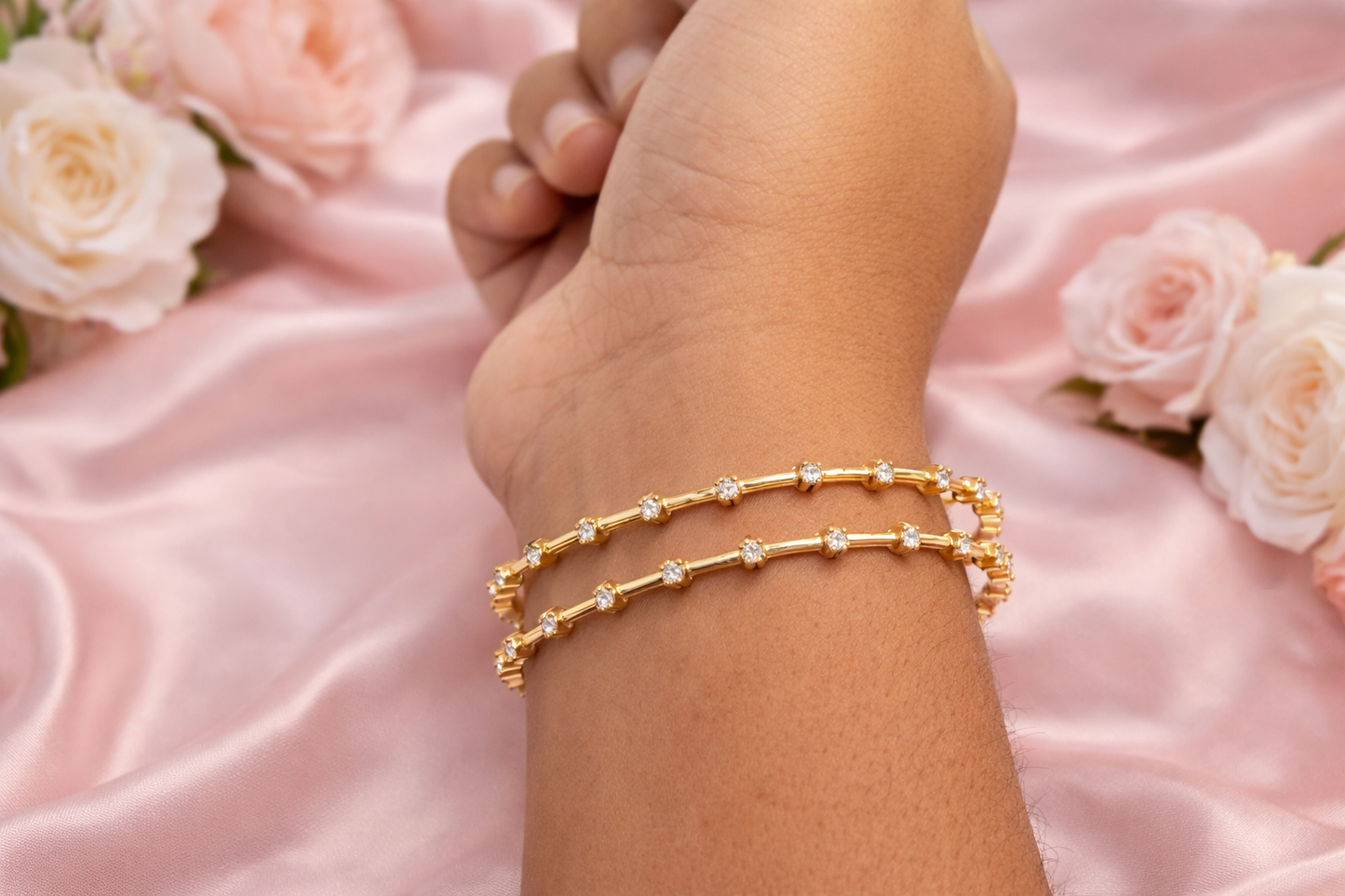 92.5 Silver Minimal White CZ Gold Plated Bangles | Elegant Pair Design | Jewellery