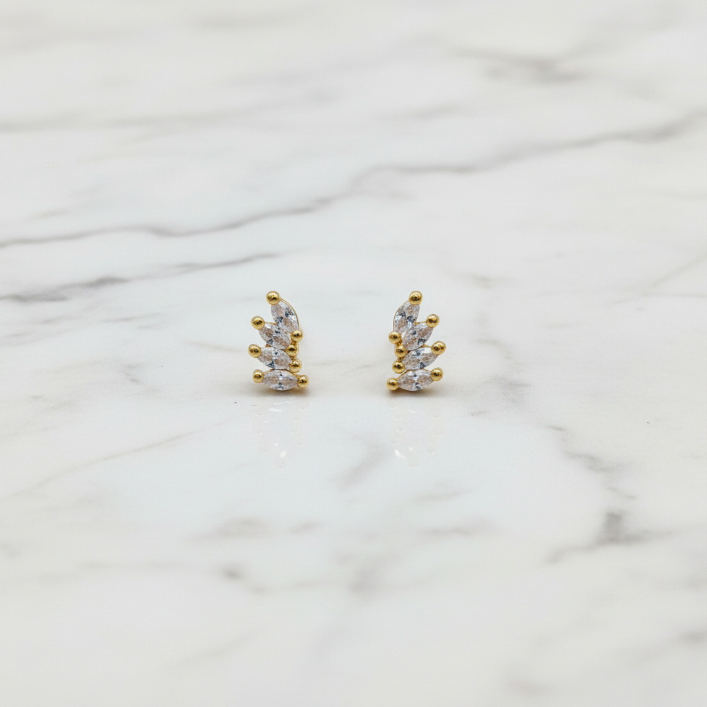 Gold Plated 92.5 Sterling Silver Three-Marquise CZ Leaf Climber Stud Earrings for Women | CZ Fan Wing Screw-Back Second Studs