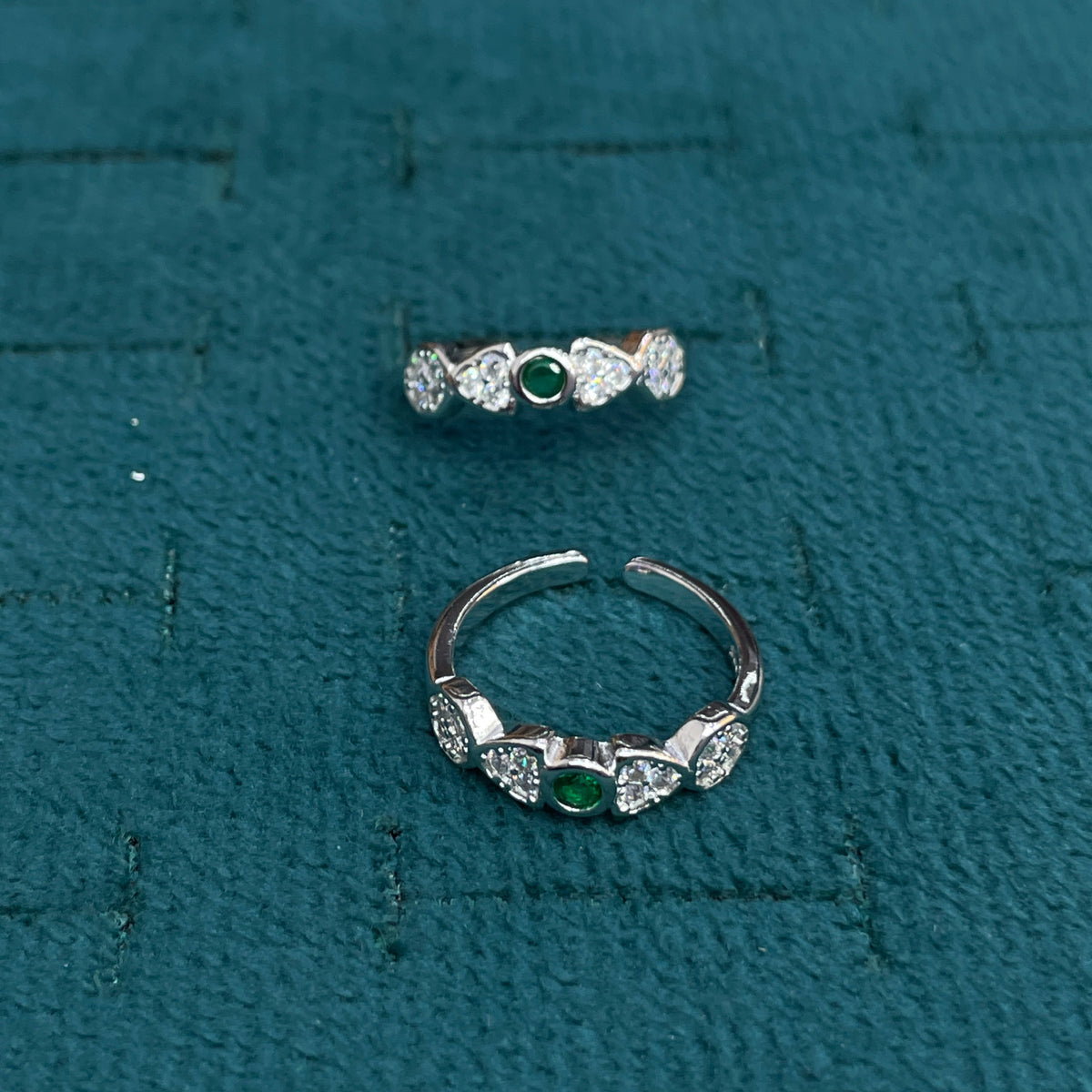 92.5 Sterling Silver Emerald Green & White CZ Five Stone Open Toe Rings for Women — Pair