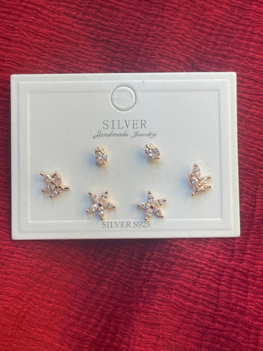 92.5 Silver Rose Gold Plated Flower Earrings Stack for Women | Floral Stud Set | Elegant Layered Jewellery