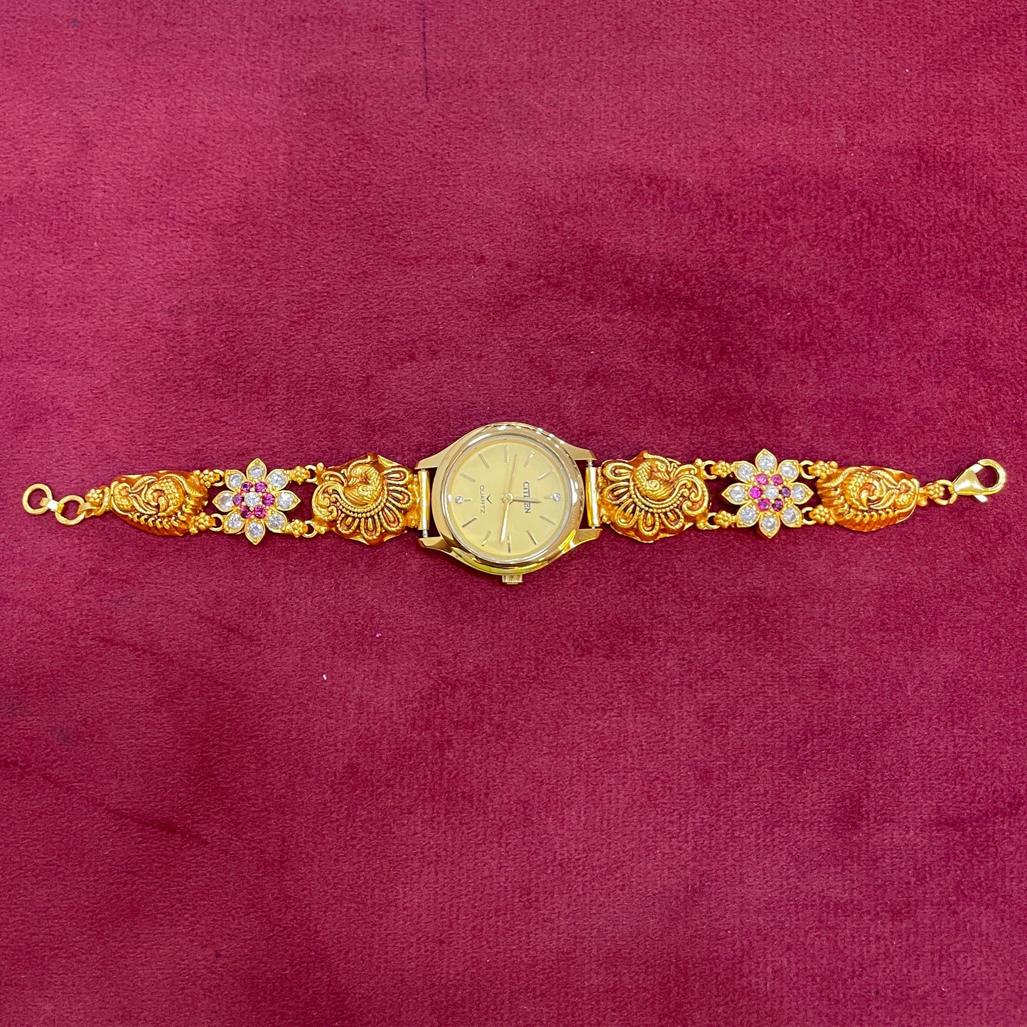 92.5 silver Gold-Plated Temple Jewellery Bracelet Watch for Women | Citizen Quartz | Peacock & Ruby CZ Floral Strap