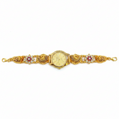 92.5 silver Gold-Plated Temple Jewellery Bracelet Watch for Women | Citizen Quartz | Peacock & Ruby CZ Floral Strap