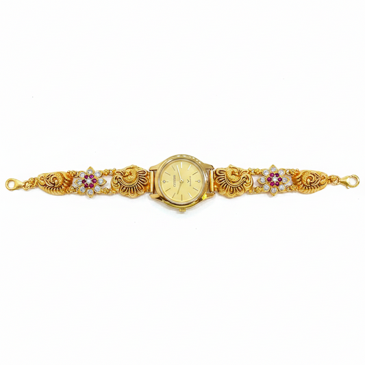 92.5 silver Gold-Plated Temple Jewellery Bracelet Watch for Women | Citizen Quartz | Peacock & Ruby CZ Floral Strap