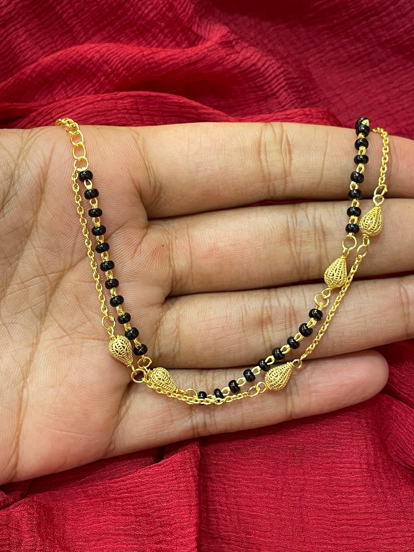 92.5 Silver Gold Plated Double Line Black Bead Bracelet for Women 7.5 Inches | Classy Elegant Design | Stylish Jewellery