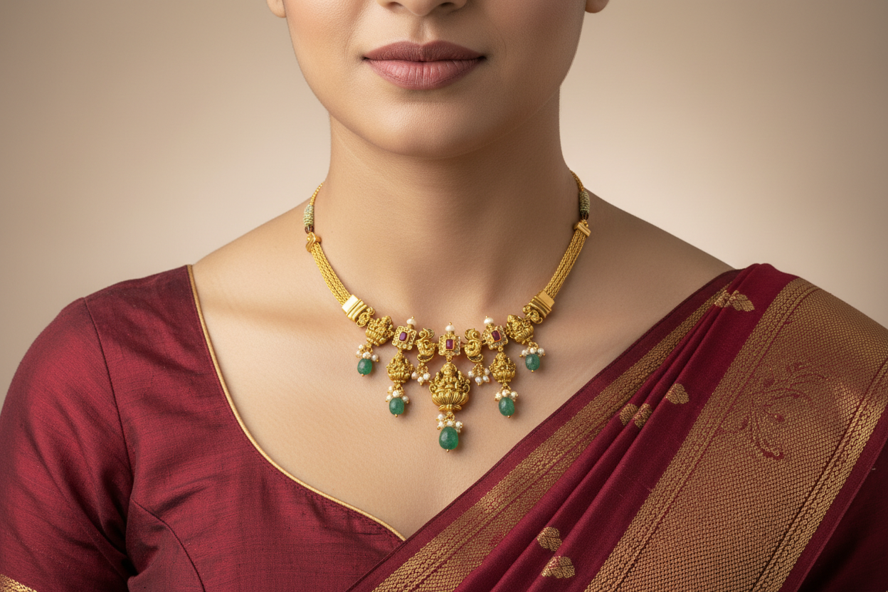 92.5 Silver Gold Plated Simple Lakshmi Devi Necklace for Women | Elegant Temple Design | Jewellery