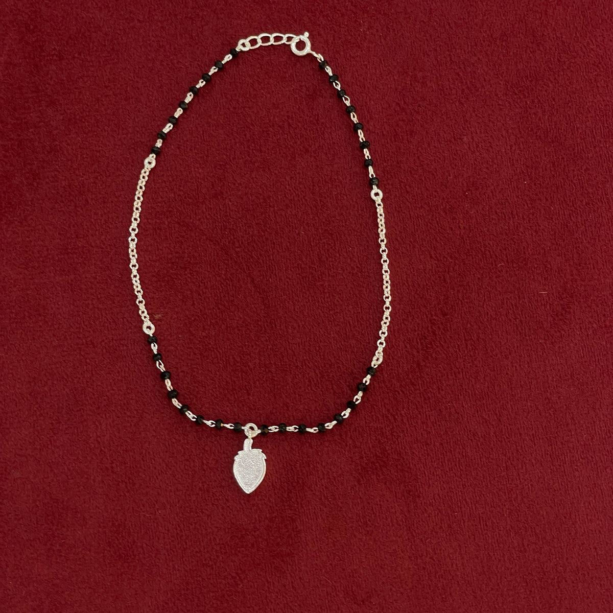 92.5 Silver Black Bead Strawberry Charm Anklet - Single Pc