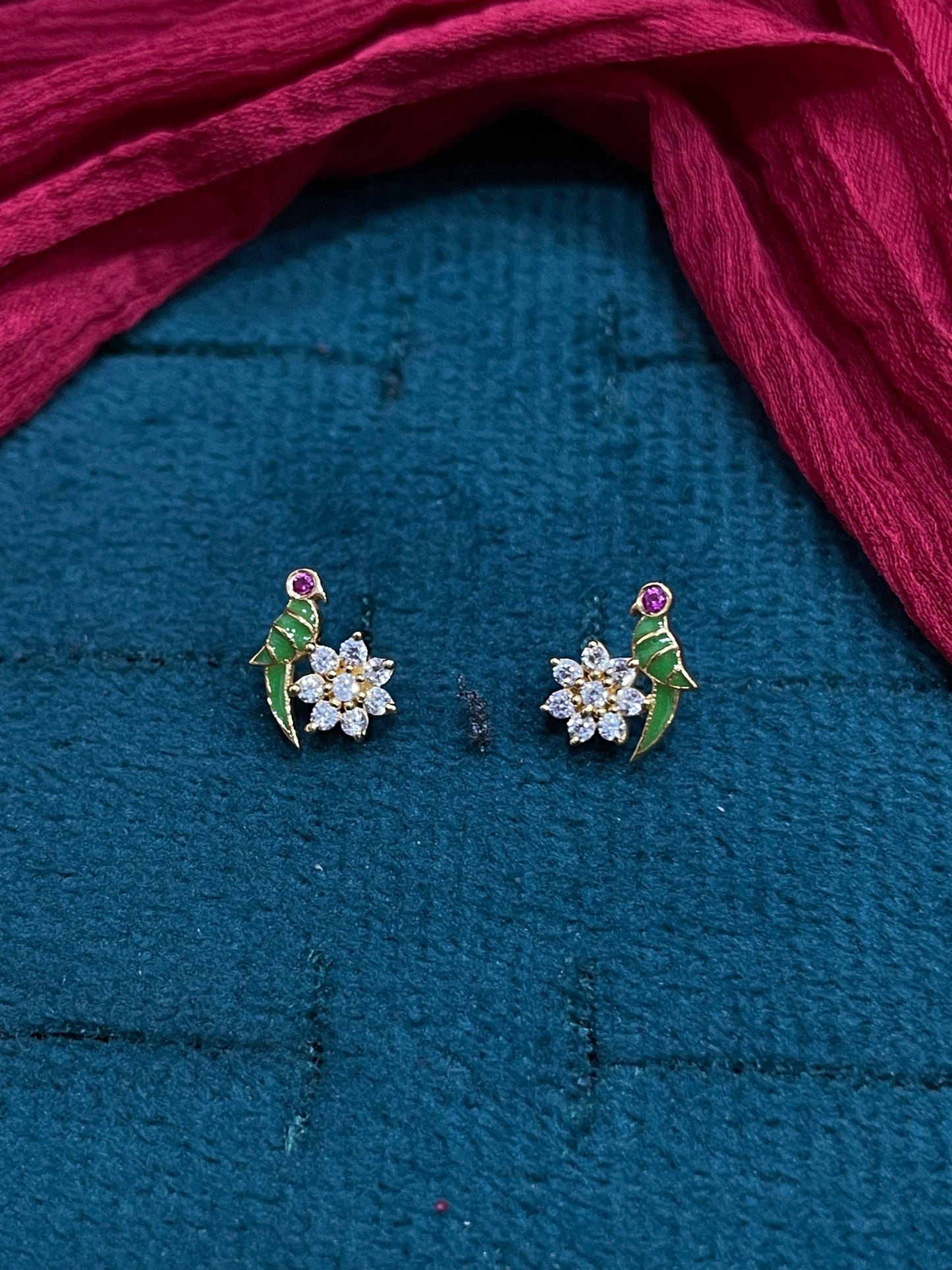 925 Sterling Silver Parrot Floral Stud Earrings for Women | Gold Plated with Green Enamel & CZ Stones - PAIR