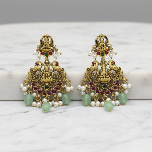 92.5 Silver Gold Plated Lakshmi Devi Earrings for Women | Sacred Temple Design | Traditional Jewellery pair