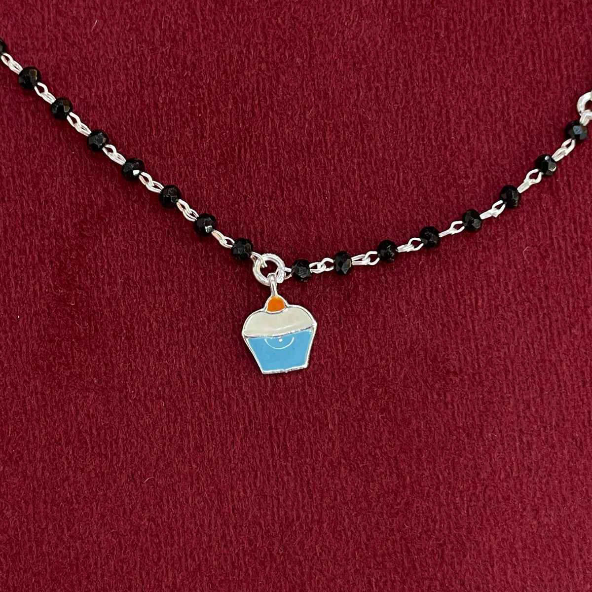 92.5 Silver Black Bead Cupcake Charm Anklet - Single Pc