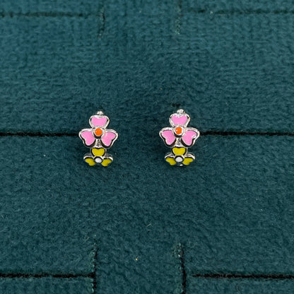 92.5 Silver Enamel Floral Huggie Hoop Earrings for Girls