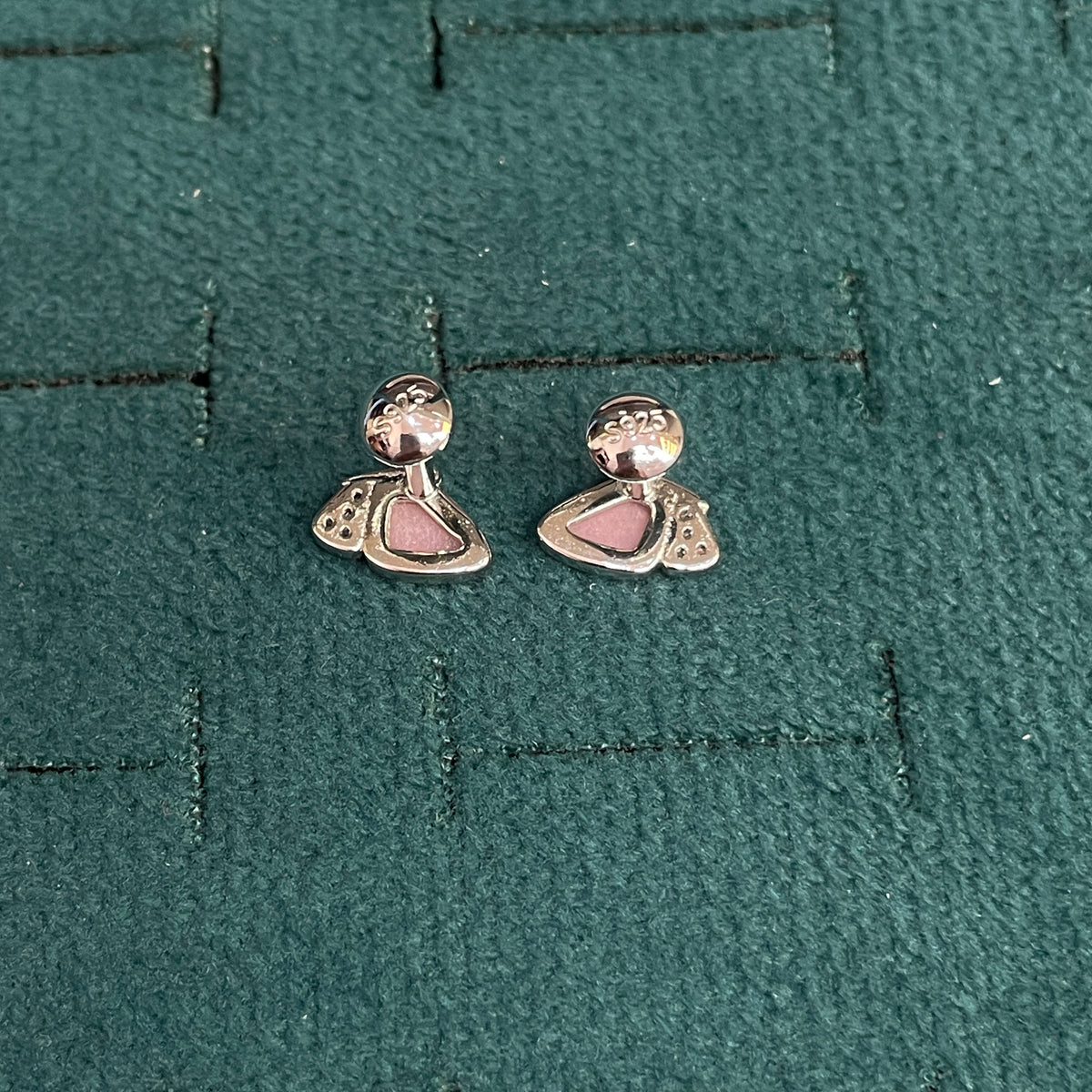 92.5 Silver Pink Mother-of-Pearl Butterfly Stud Earrings Pair