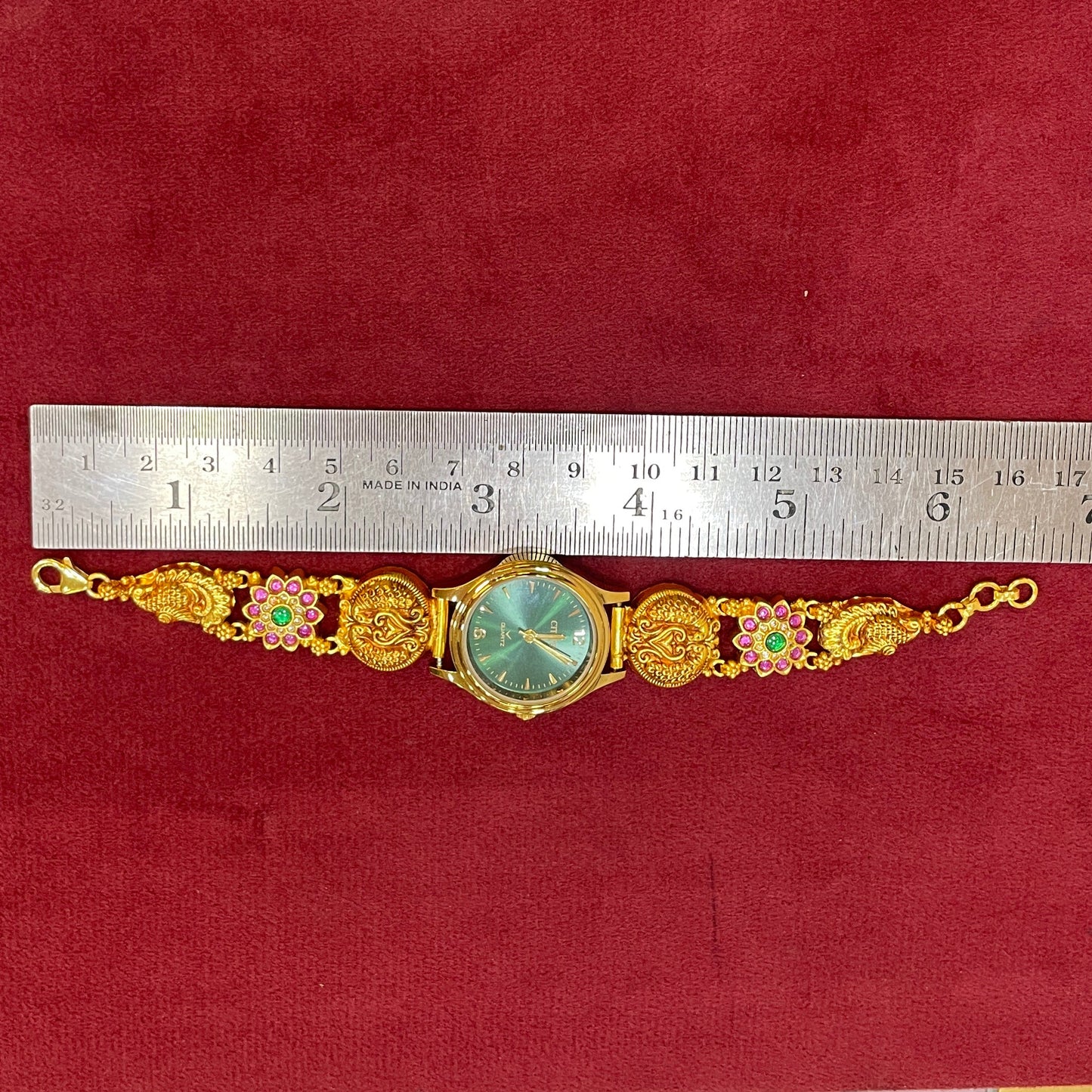 925 Silver Gold-Plated Nakshi Bracelet Watch for Women | Teal Dial | Peacock Strap with Ruby & Emerald CZ Flowers