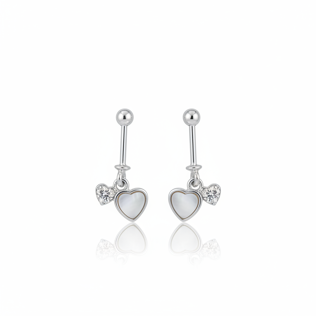 92.5 Sterling Silver Double Heart Bugadi for Women | Mother-of-Pearl & Pavé CZ Hearts | Helix Earring pair