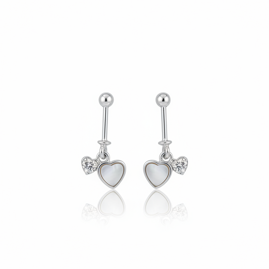 92.5 Sterling Silver Double Heart Bugadi for Women | Mother-of-Pearl & Pavé CZ Hearts | Helix Earring pair