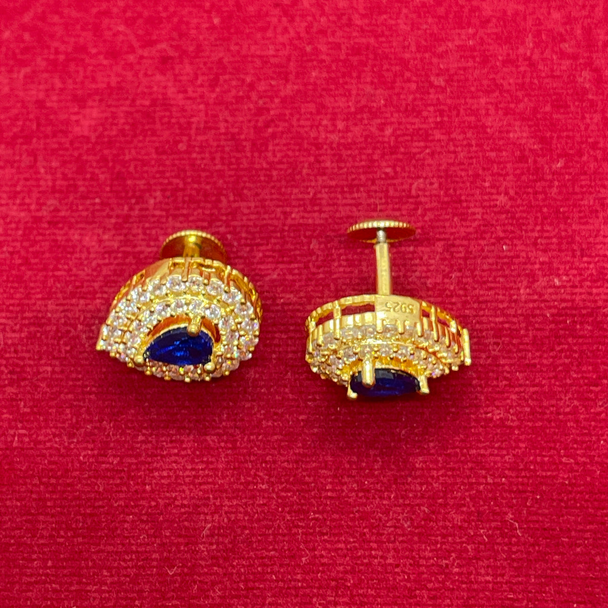 92.5 Sterling Silver Gold Plated Pear Cut Blue Sapphire CZ & Double Pave White CZ Halo Stud Earrings for Women
