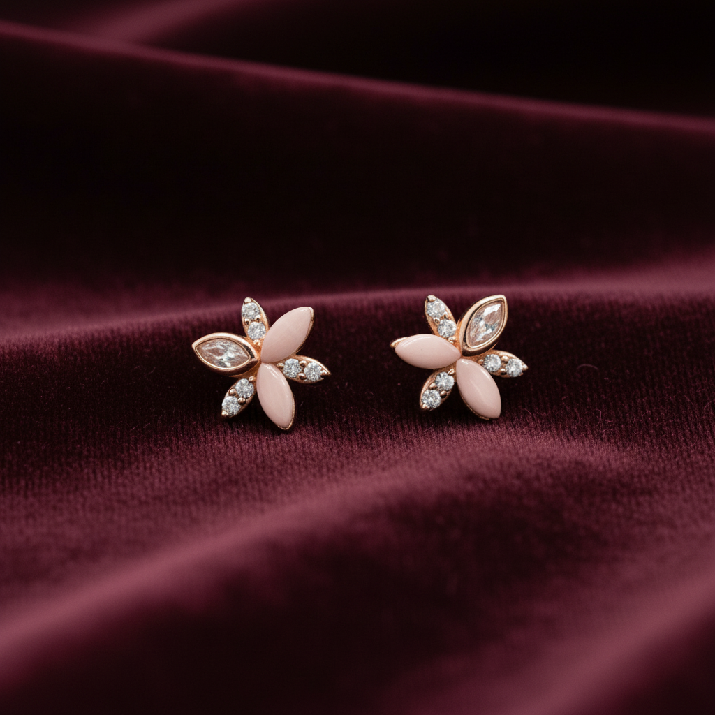 92.5 Silver Rose Gold Flower Studs | Premium Elegant Design | Stylish Jewellery