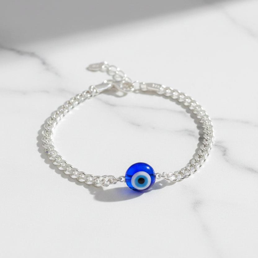 925 Silver Evil Eye Curb bracelet- 8 inch
