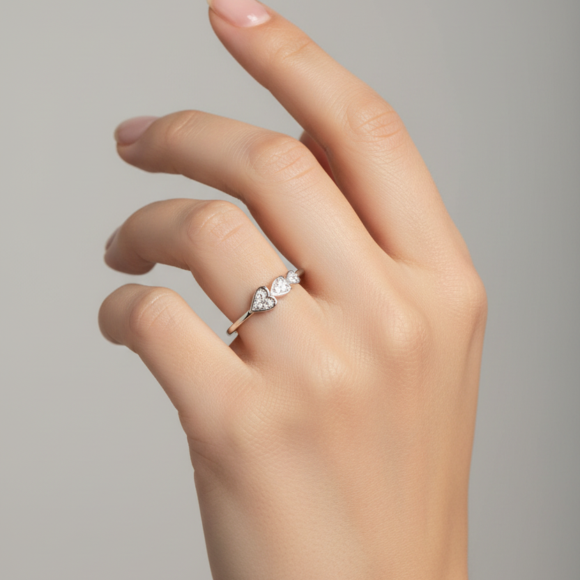 92.5 Silver Tri Heart Ring - Size 14