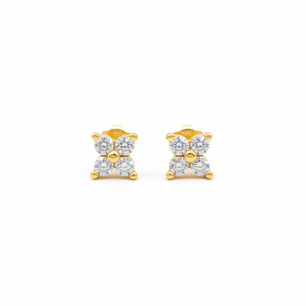 92.5 Sterling Silver Gold Plated Four Petal CZ Flower Studs