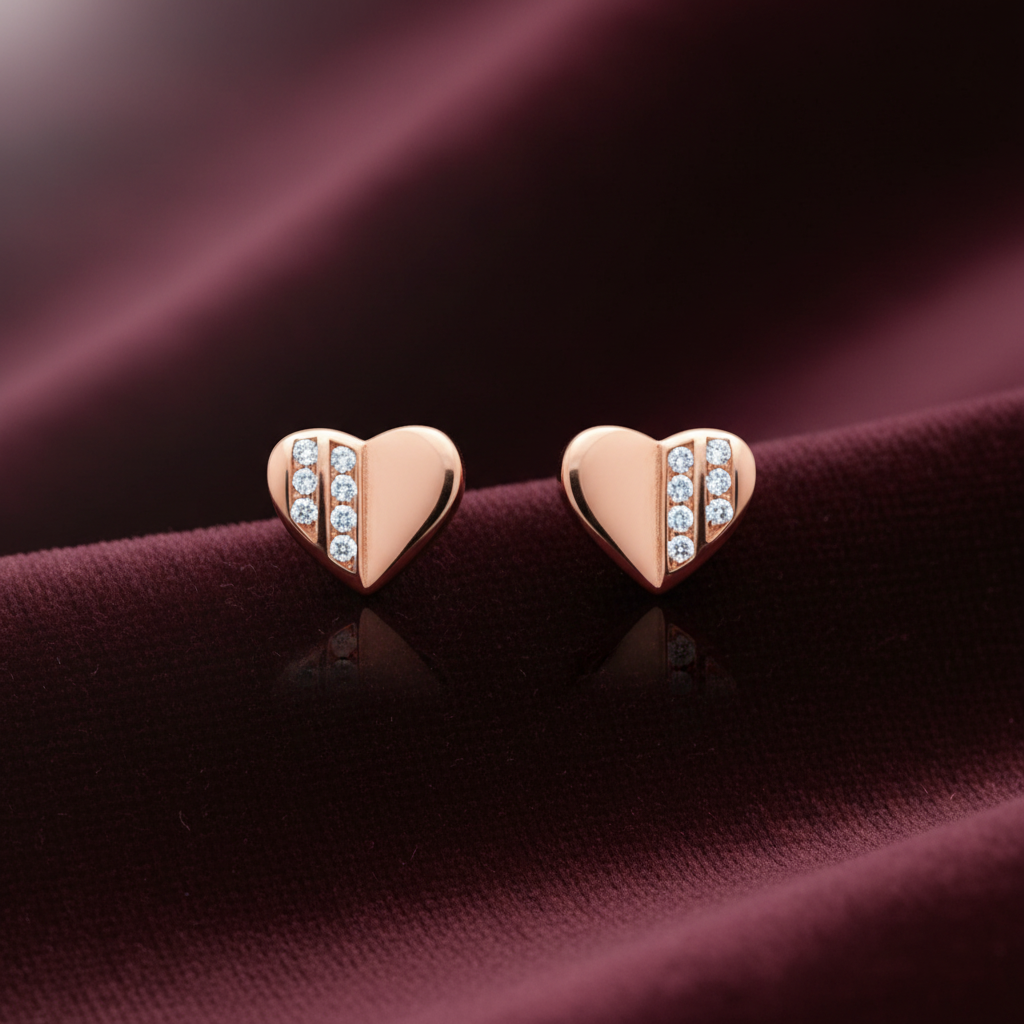92.5 Silver Rose Gold Plated Heart Studs | Stylish Romantic Design
