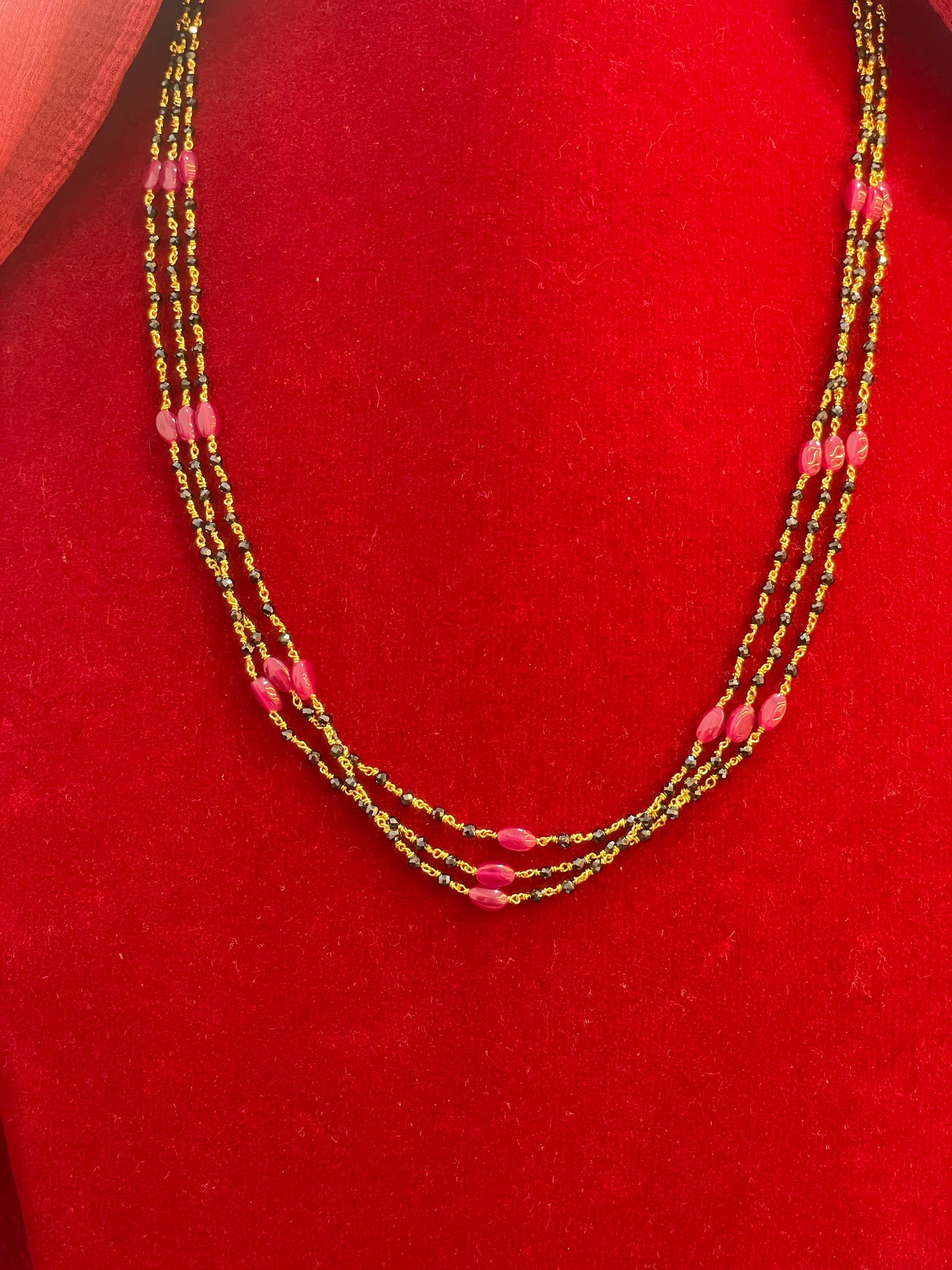 92.5 Silver Gold Plated Classy Triple Line Black Bead Chain for Women 18.5 Inches | Elegant Layered Traditional Design