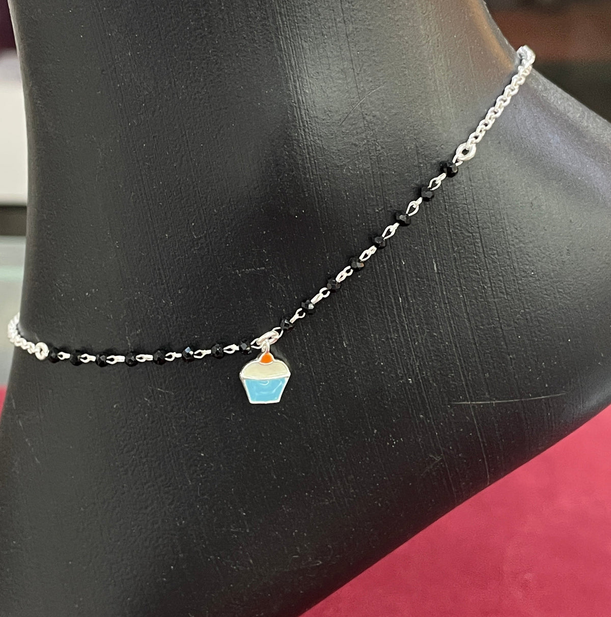 92.5 Silver Black Bead Cupcake Charm Anklet - Single Pc