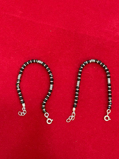 Silver Nazariya Black Bead Anklet for Kids | Set of 2 | Plain Design
