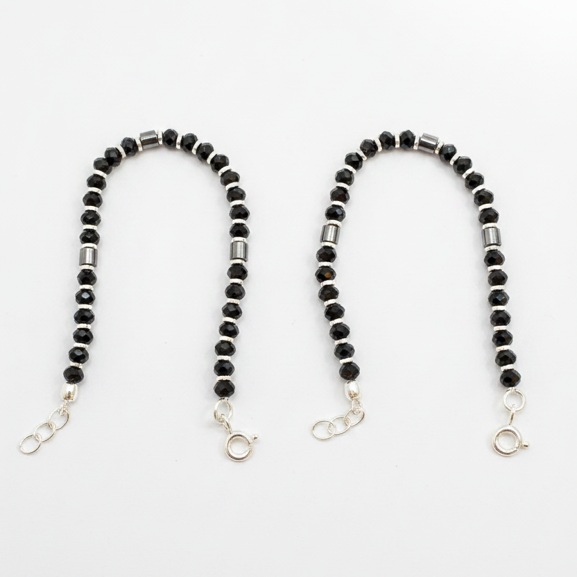 Silver Nazariya Black Bead Anklet for Kids | Set of 2 | Plain Design
