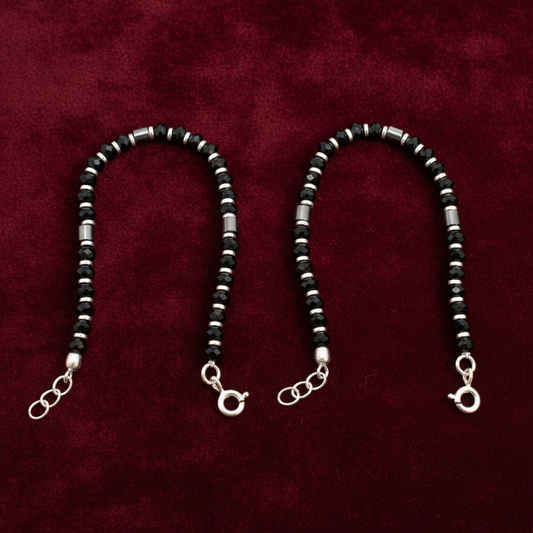 Silver Nazariya Black Bead Anklet for Kids | Set of 2 | Plain Design
